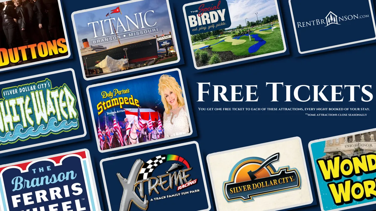 A bright and colorful interior sign displays 'Free Tickets' alongside logos for various local attractions, with playful design elements hinting at fun adventures. The energetic mood captures the spirit of Branson’s live shows and year-round entertainment offerings.