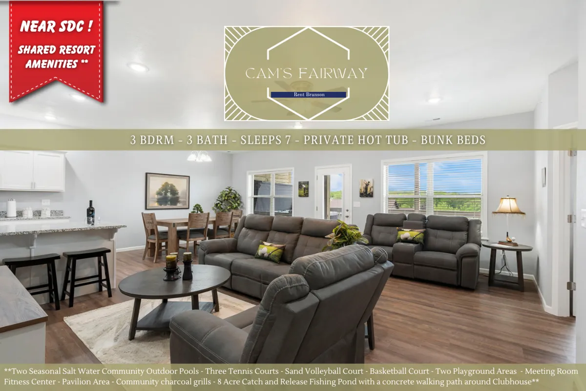 This image showcases an open, comfortable seating area with plush sofas, a large dining table, and expansive windows letting in an abundance of natural light. The interconnected living and dining spaces are perfect for group gatherings, game nights, or relaxing evenings, fitting the welcoming, social atmosphere described.